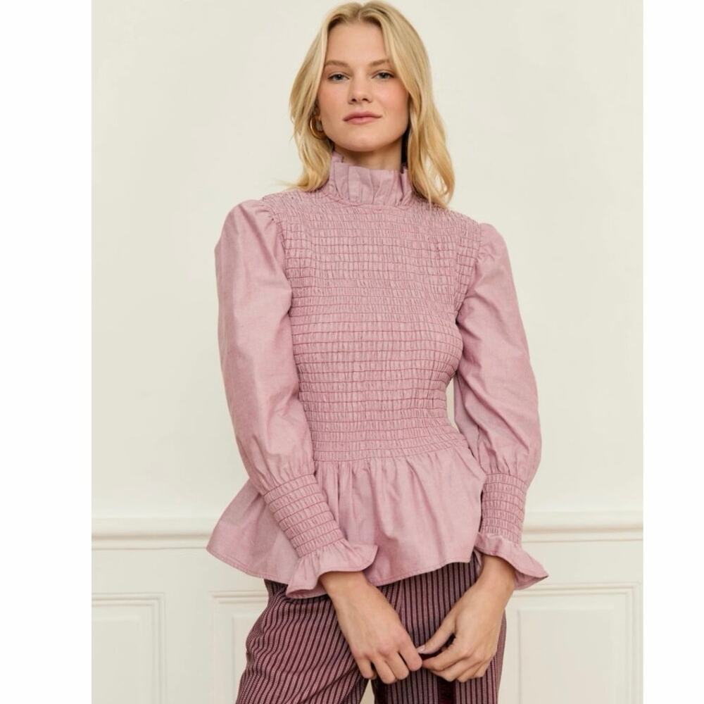 Maria De La Orden Aleria Shirt Pink Smocked Peplum Puff Sleeve Cotton S